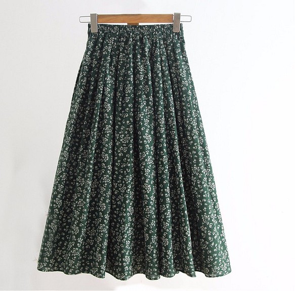 【受注製作】綿麻の天然素材 ゆったりスカート 緑 YS8837 1枚目の画像