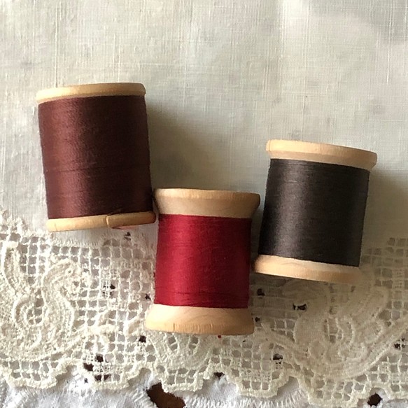 ビンテージ木製スプール 糸巻き3個セット ブラウン系 糸・ミシン糸