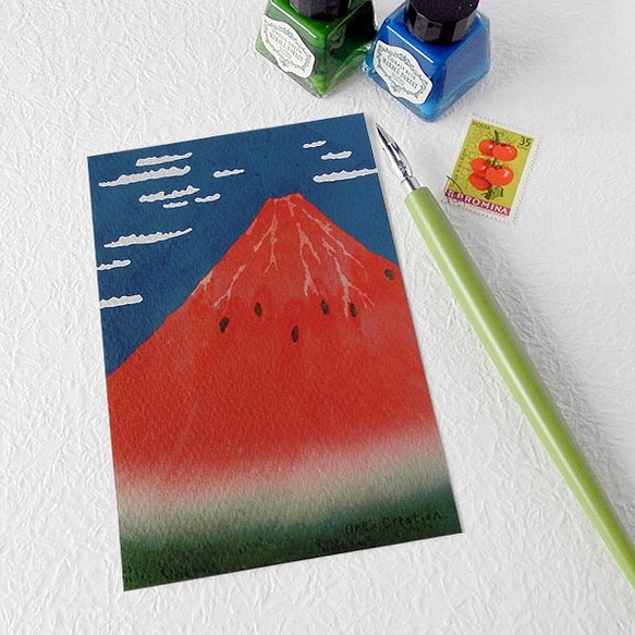 富士山スイカ　ポストカード（3枚セット）〜夏の暑中見舞い・残暑見舞いハガキなどに〜 1枚目の画像