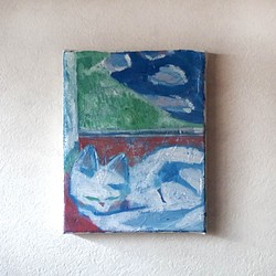 【購入後すぐに飾れる絵画】『猫と窓外の景色』F0号 油彩 1枚目の画像