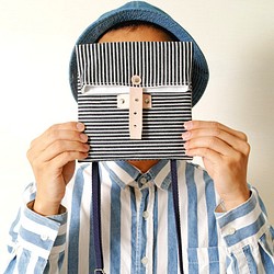 STRIPE-手做皮革條紋丹寧帆布折疊式斜側揹/相機/收納包 第1張的照片