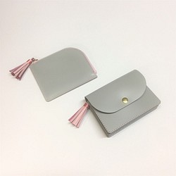 コンパクト財布とマルチケースのセットです。　牛革　バイカラー　グレー/ピンク 1枚目の画像