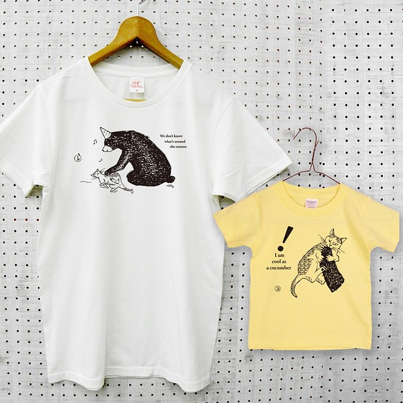 親子Tシャツセット  猫と熊（キッズTは白・黄色選べます） リンクコーデ2020 1枚目の画像