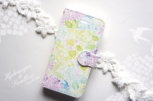【受注生産】紫陽花とツバメの【iphone6/6s】手帳型ケース 1枚目の画像