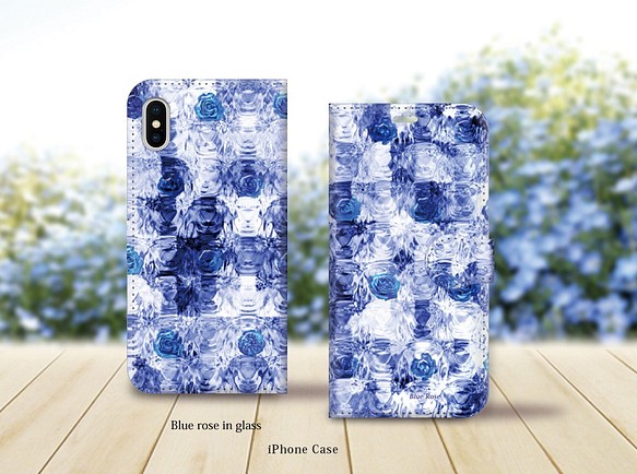 iPhone 手帳型スマホケース （カメラ穴あり/はめ込みタイプ）【Blue rose in glass 】 1枚目の画像