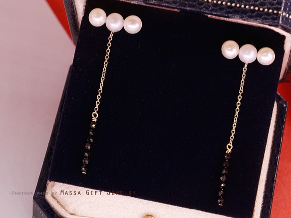 【姚擺 Waggy Waggy 】耳環／925銀鍍18K真金 ／淡水珍珠+黑尖晶石 第1張的照片