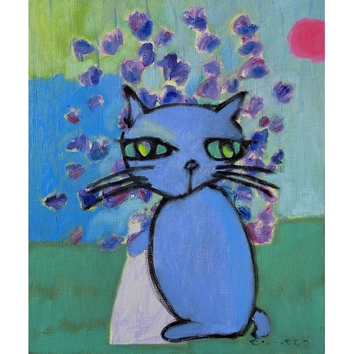 ブルーベリー】F8 絵画 原画 油絵 キャンバス画 猫の絵 ネコの絵 動物 