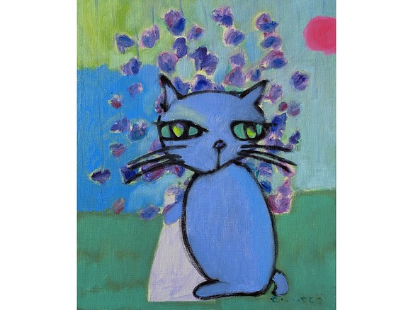 ブルーベリー】F8 絵画 原画 油絵 キャンバス画 猫の絵 ネコの絵 動物