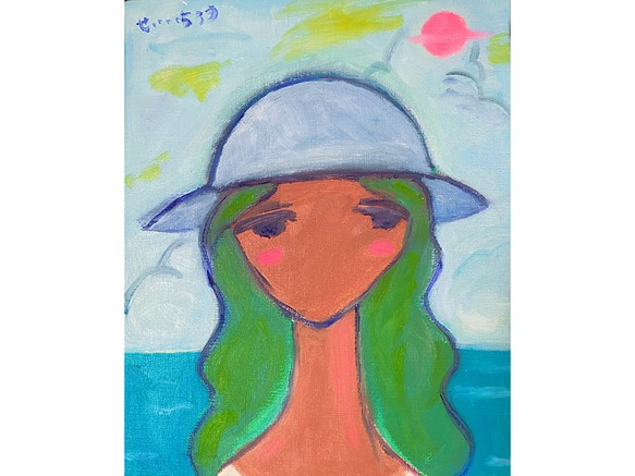 SummerVibes】F3 絵画 原画 油彩 油絵 キャンバス レトロガール 夏 海