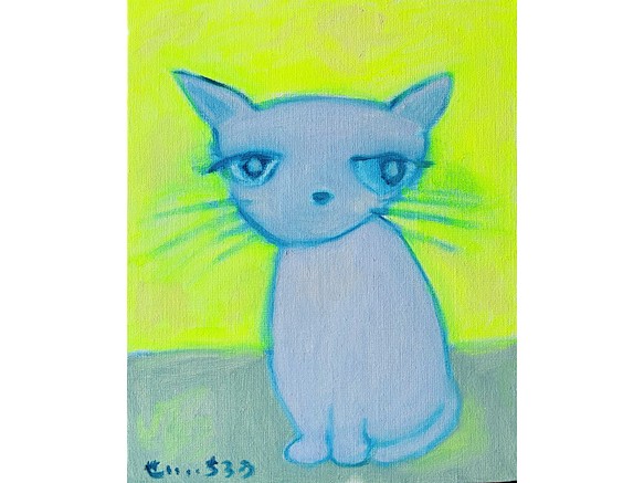 【ちょっといいかしら?】F3 絵画 油絵 キャンバス 絵本 猫 子猫 ネコ ロシアンブルー 猫の絵 プレゼント 沖縄