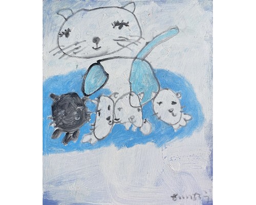 【みんな笑って〜 】F8 絵画 原画 油絵 油彩 キャンバス 猫の絵 猫 猫 