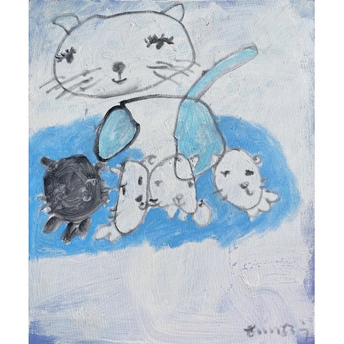 みんな笑って〜♪】F8 絵画 原画 油絵 油彩 キャンバス 猫の絵 猫 猫の