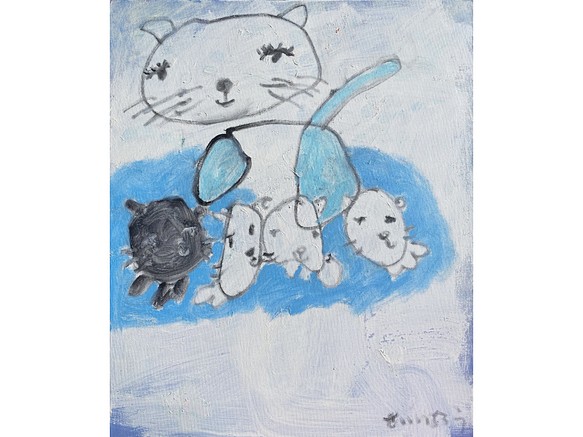 みんな笑って〜♪】F8 絵画 原画 油絵 油彩 キャンバス 猫の絵 猫 猫の 