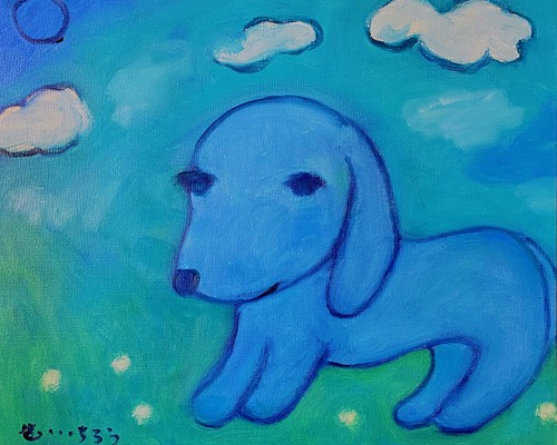 【蒼い子犬】F8 絵画 原画 油絵 油彩 キャンバス 絵本 犬の絵