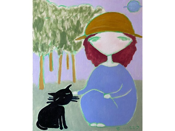 【わたしのねこII】F8 絵画 原画 油絵 油彩 キャンバス 猫の絵 猫 ネコ 絵本 黒猫 秋 森
