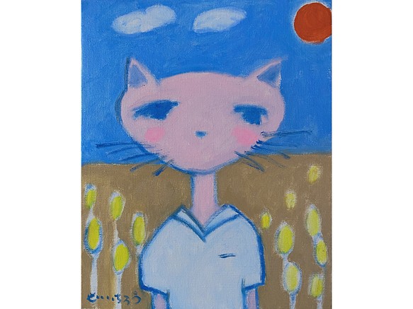 お得なクーポン配布中 Aw 額付き ( 白 ) 油絵　F3-031019　祈り　可愛い子猫と女の子 絵画/タペストリ