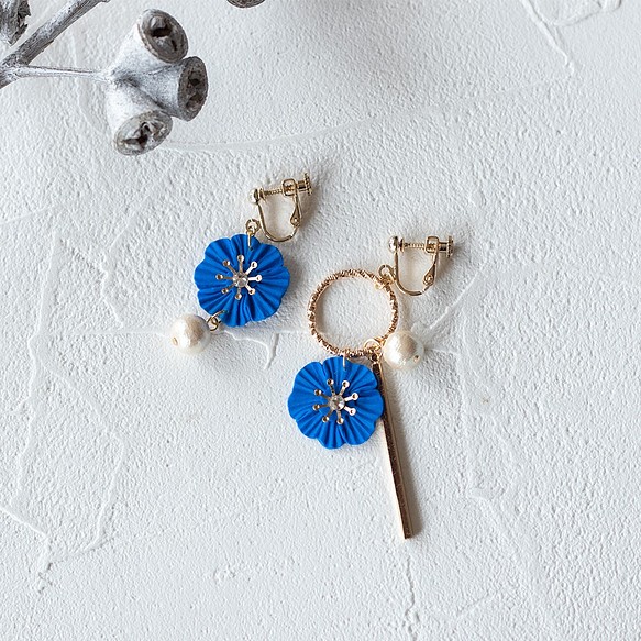 限時的顏色：圓圈和花朵 軟陶耳環 / 耳夾 （French blue） 第1張的照片