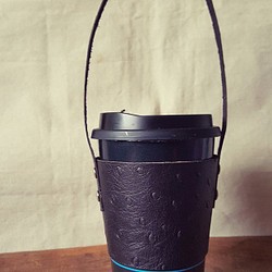 駝鳥紋時尚黑 咖啡飲料環保純牛皮杯套 隨行杯 提袋 (情人、生日送禮) 第1張的照片
