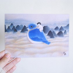 可愛動物插畫卡片 明信片(藍色小鳥) 第1張的照片