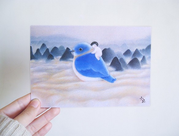 可愛動物插畫卡片 明信片(藍色小鳥) 第1張的照片