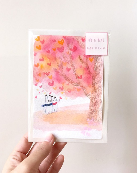 バニーバレンタインカード手描きのオリジナルの絵のイラストポストカード 1枚目の画像