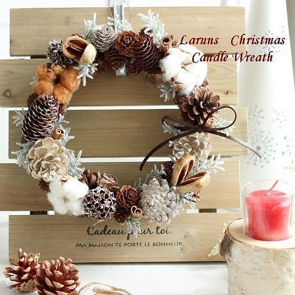 creema限定木の実と松ぼっくりのクリスマスリースと キャンドル白樺