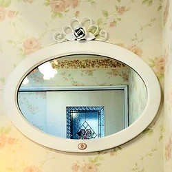 オーバルミラー 木製 アイアン薔薇 ティアラローズ 飾り付き 楕円形ミラー カントリー家具 アンティーク調 新築 1枚目の画像