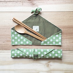 「毎日」カトラリーセット|添付の箸とスプーン|手作り綿の布|白+緑のドットグレー麻（完売） 1枚目の画像