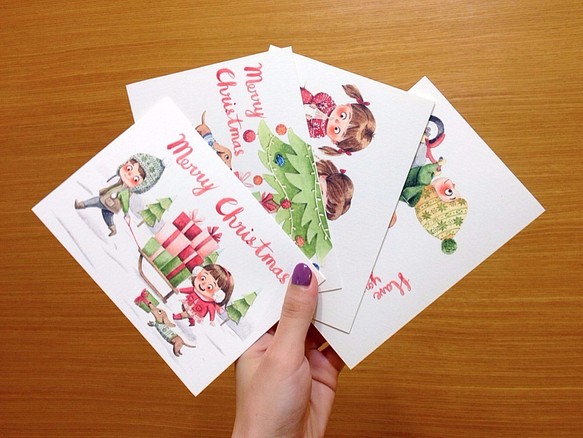 可愛水彩插畫聖誕卡片 - 4張一組 含信封, 聖誕節, 手作卡片 第1張的照片