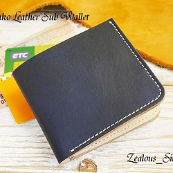 送料無料 ペタンコで薄型 お出掛け財布 ハンドメイド 姫路レザー ネイビー 1枚目の画像
