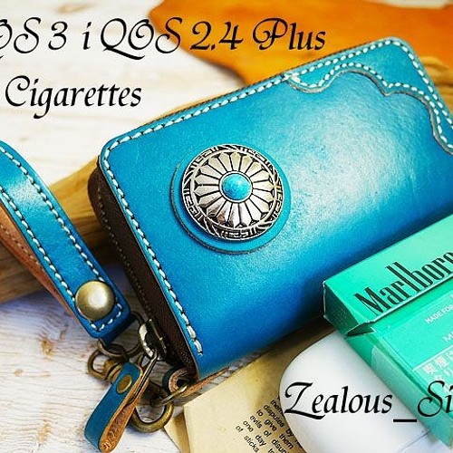 iQOS3 iQOS2.4Plus glo タバコ ターコイズ ファスナーレザーケース 手 
