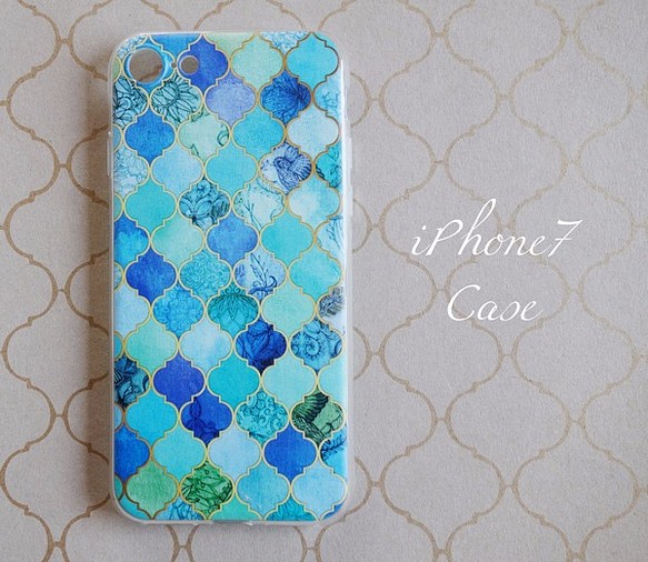 可愛い・綺麗！大人気のモロッカンアイフォンケース iPhone case7 ブルー＆グリーン 1枚目の画像