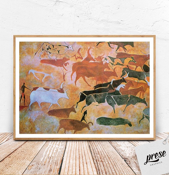 壁画アート、牛を追う人たち、タッシリ・ナジェール 1枚目の画像