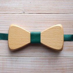 天然原木領結-山毛櫸木+綠色皮革(禮物/婚禮/新人/正式場合) 第1張的照片