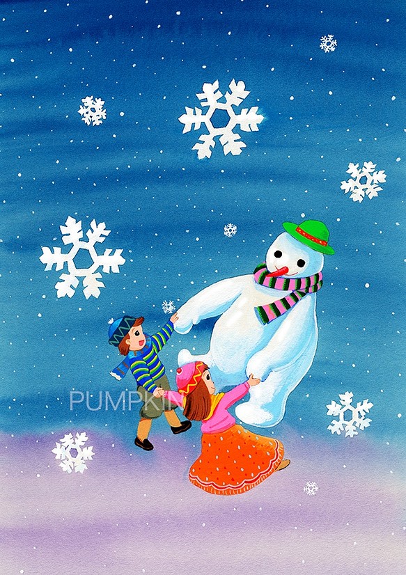 スノーダンス　　PA-A4-020     水彩画　　メルヘン　ファンタジー　雪　雪だるま　　ダンス 1枚目の画像