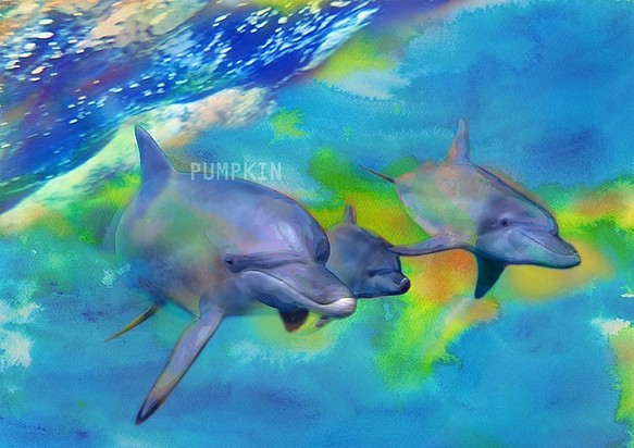 ブルートレイル　　PR-A4-024       写真画　イラスト　イルカ　ドルフィン　 蒼い海　海 1枚目の画像