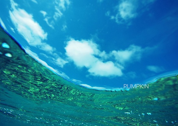 ゆらめき−４　PH-A4-0187  写真　奄美大島　白い雲　鹿児島　青空　半水面　トロピカル 1枚目の画像