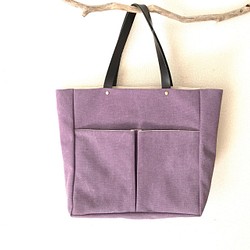 《Lサイズ紫》レザー×帆布のトートバッグ 1枚目の画像