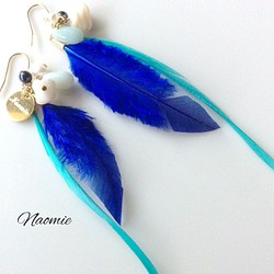 blue＆green-w.feather-pierced.earring 1枚目の画像