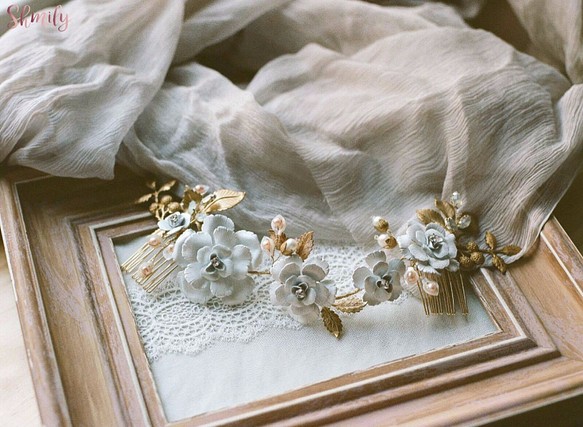 My Glossy Pearl 手工珠光銅花貝殼花珍珠頭飾/結婚頭飾/新娘頭飾 第1張的照片