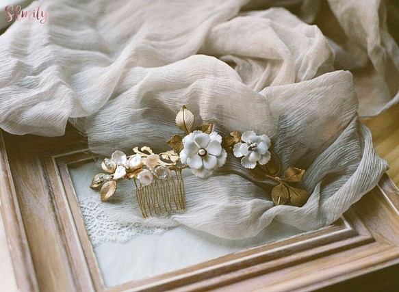 私の光沢のある真珠手作り真珠の銅の花淡水真珠の頭飾り/結婚式の頭飾り/ブライダルの頭飾り 1枚目の画像