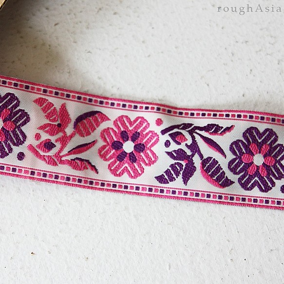 《50％OFF》タイの刺繍リボンテープ－ピンクと紫の花柄 1枚目の画像