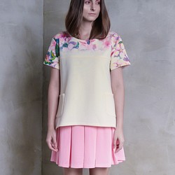 Glancez義大利得獎設計櫻花水彩圖落肩假兩件連身裙附口袋 第1張的照片