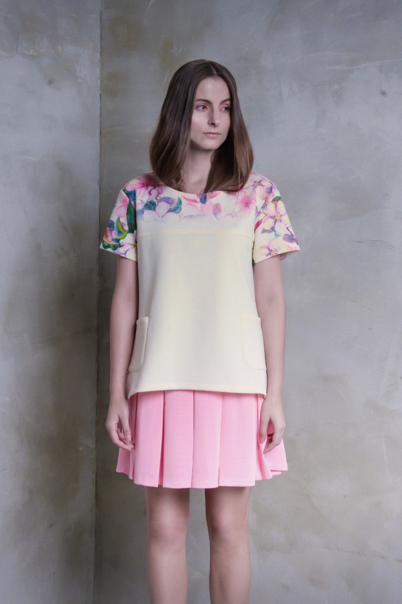 Glancez義大利得獎設計櫻花水彩圖落肩假兩件連身裙附口袋 第1張的照片