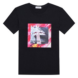 Glancez19春夏オリジナル水彩プリント静かなスローガンコットンTシャツブラック 1枚目の画像