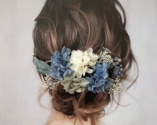 《再販》ドライフラワー ヘッドパーツ 髪飾り ヘアアクセサリー 結婚式 和装 ブライダル ブルー 青 白 グレー