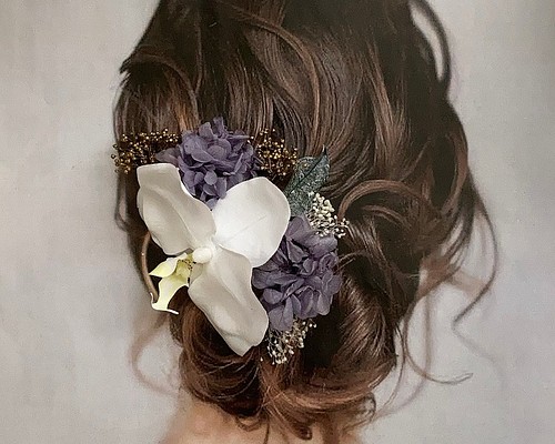 《再販》胡蝶蘭 ドライフラワー ヘッドパーツ 髪飾り ヘアアクセサリー 結婚式 和装 ブライダル 紫 パープル
