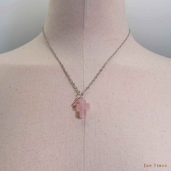 Silver Double Cross Necklace Rose Quartz Inlaid Rose Zircon 1枚目の画像