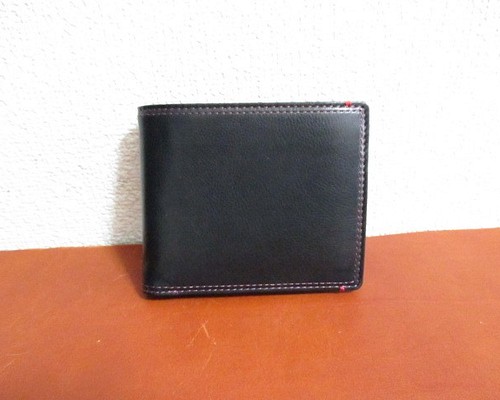 フランス製　最高級カーフ(仔牛革)シリーズ　二つ折り財布　ブラック　内装カラーコンビ