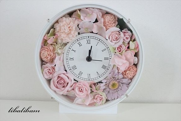 結婚式に　花時計 　薄ピンク系薔薇とガーベラ＆カーネーション　フラワー時計 1枚目の画像